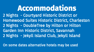 Accommodations 2 Nights - Courtyard Historic District or Homewood Suites Historic District, Charleston 2 Nights - DoubleTree by Hilton or Hilton Garden Inn Historic District, Savannah 2 Nights - Jekyll Island Club, Jekyll Island On some dates alternative hotels may be used